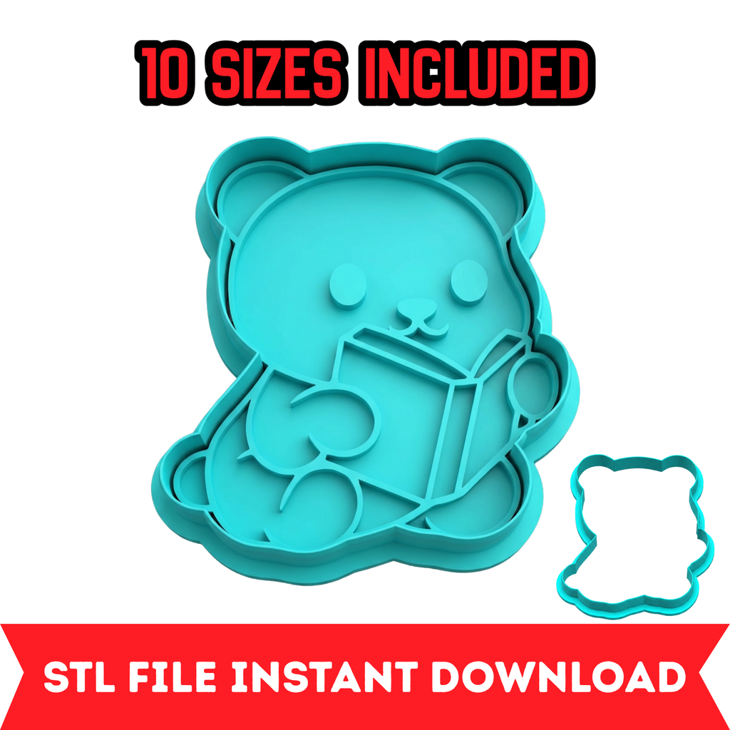 Teddy Bear Reading Book Cookie Cutter & Stamp STL File – 10 Sizes | Digital Download