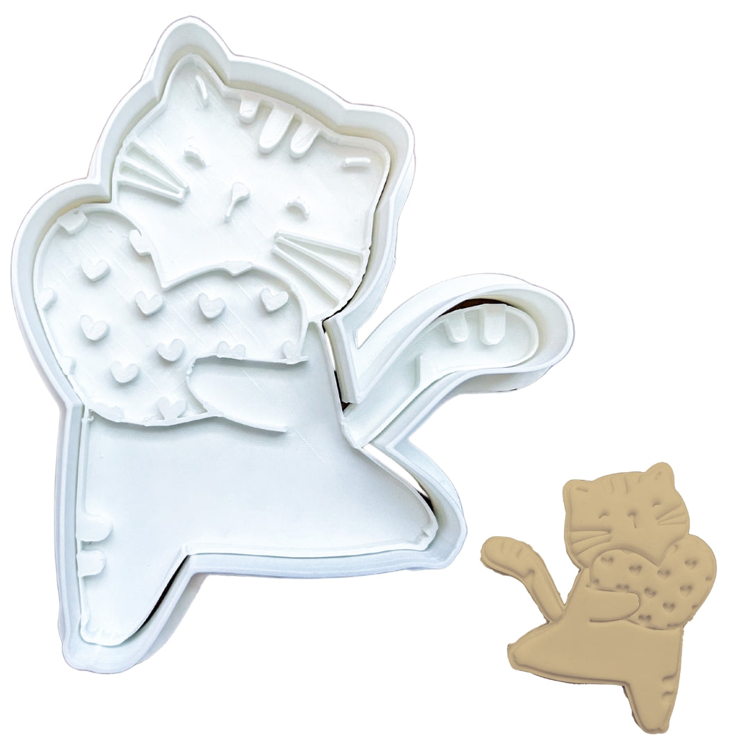 Cat Holding Heart Cookie Cutter & Stamp Set - Valentine's Day Baking Kit with Easy Grip Handle (4 inch)