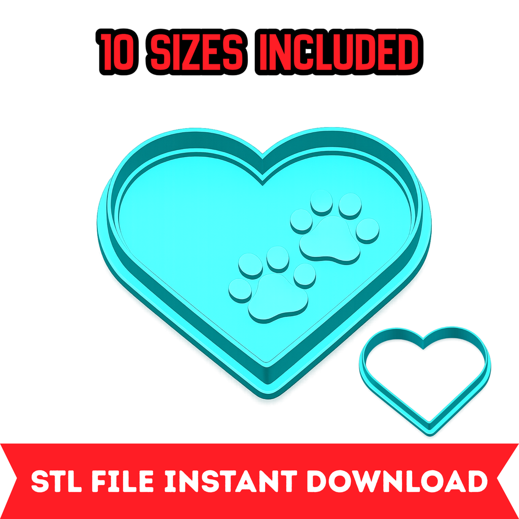 Heart with Dog Paws Cookie Cutter & Stamp STL File – 10 Sizes | Digital Download