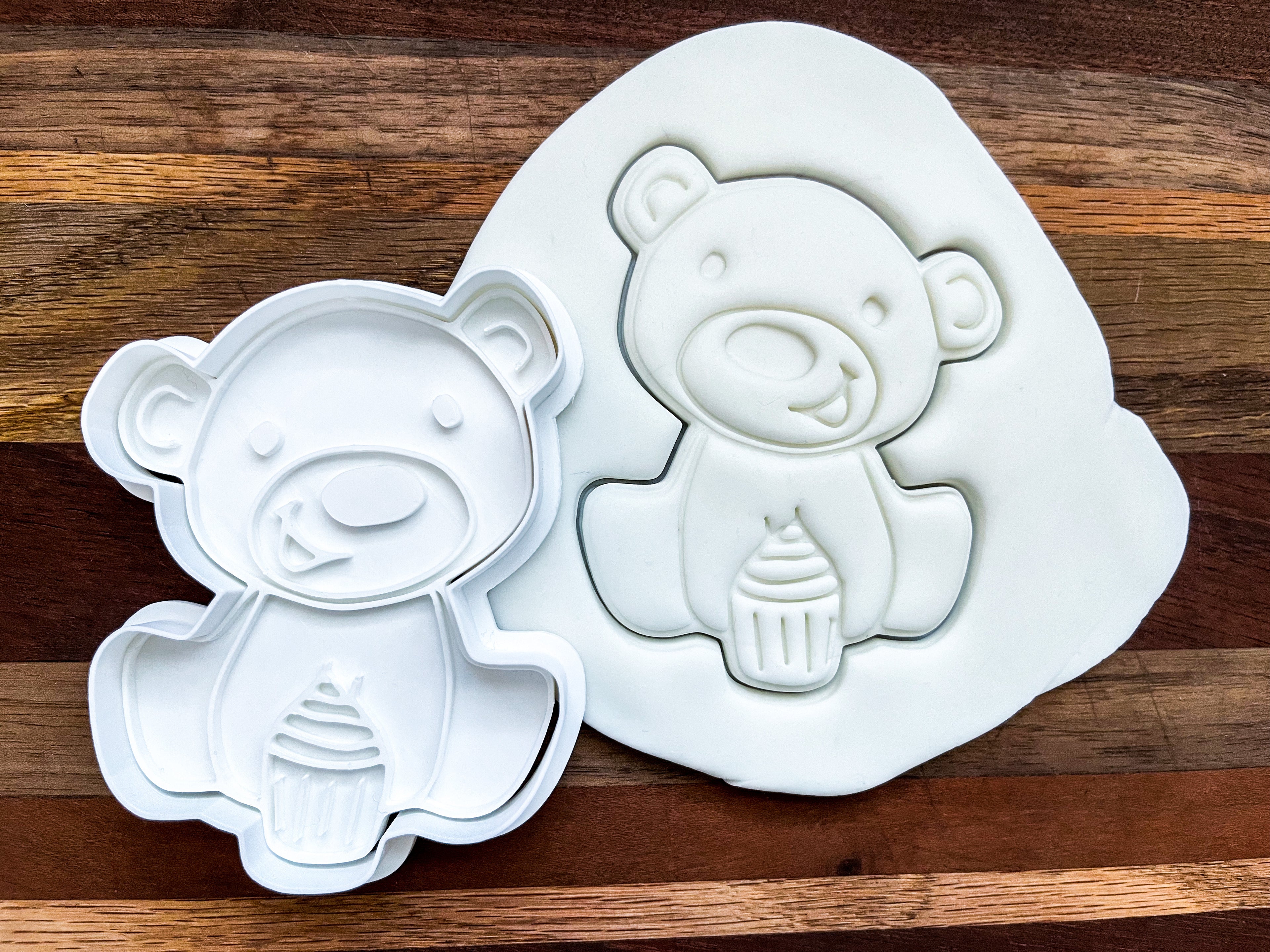 Teddy Bear Holding Cupcake Cookie Cutter & Stamp - 4" Cupcake Design Fondant Mold for Baking & Crafting