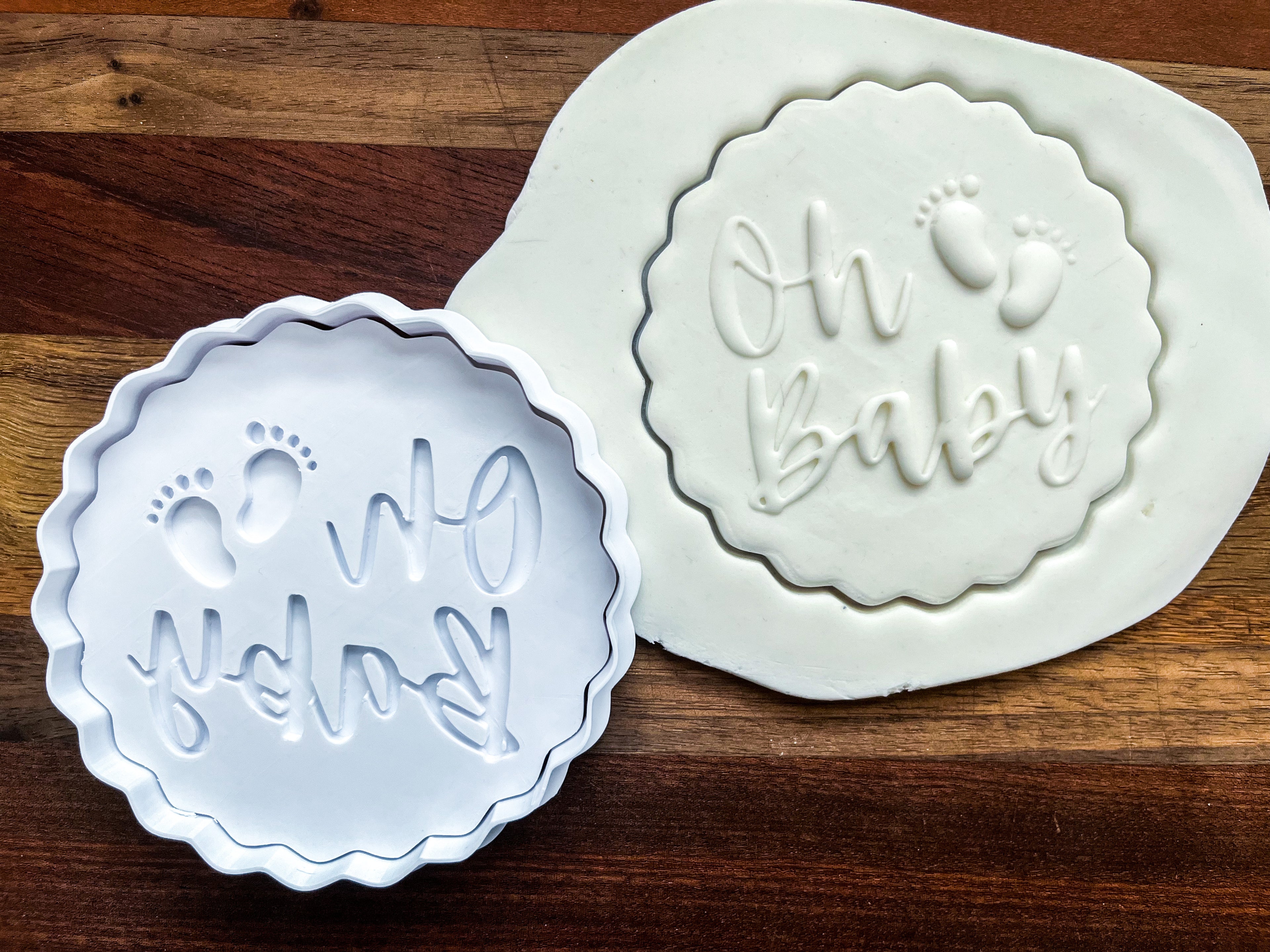 Premium "Oh Baby" Cookie Cutter & Debosser Set - Baby Feet Design for Baby Shower Baking, Fondant & Craft Projects (3.5")