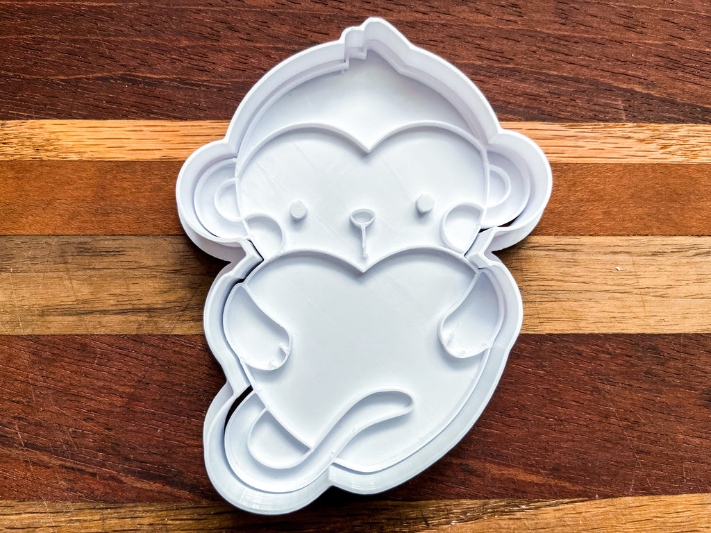 Monkey Heart Cookie Cutter & Stamp Set - 4" Valentine's Day Baking Tool for Fondant, Clay & Cookie Decorating