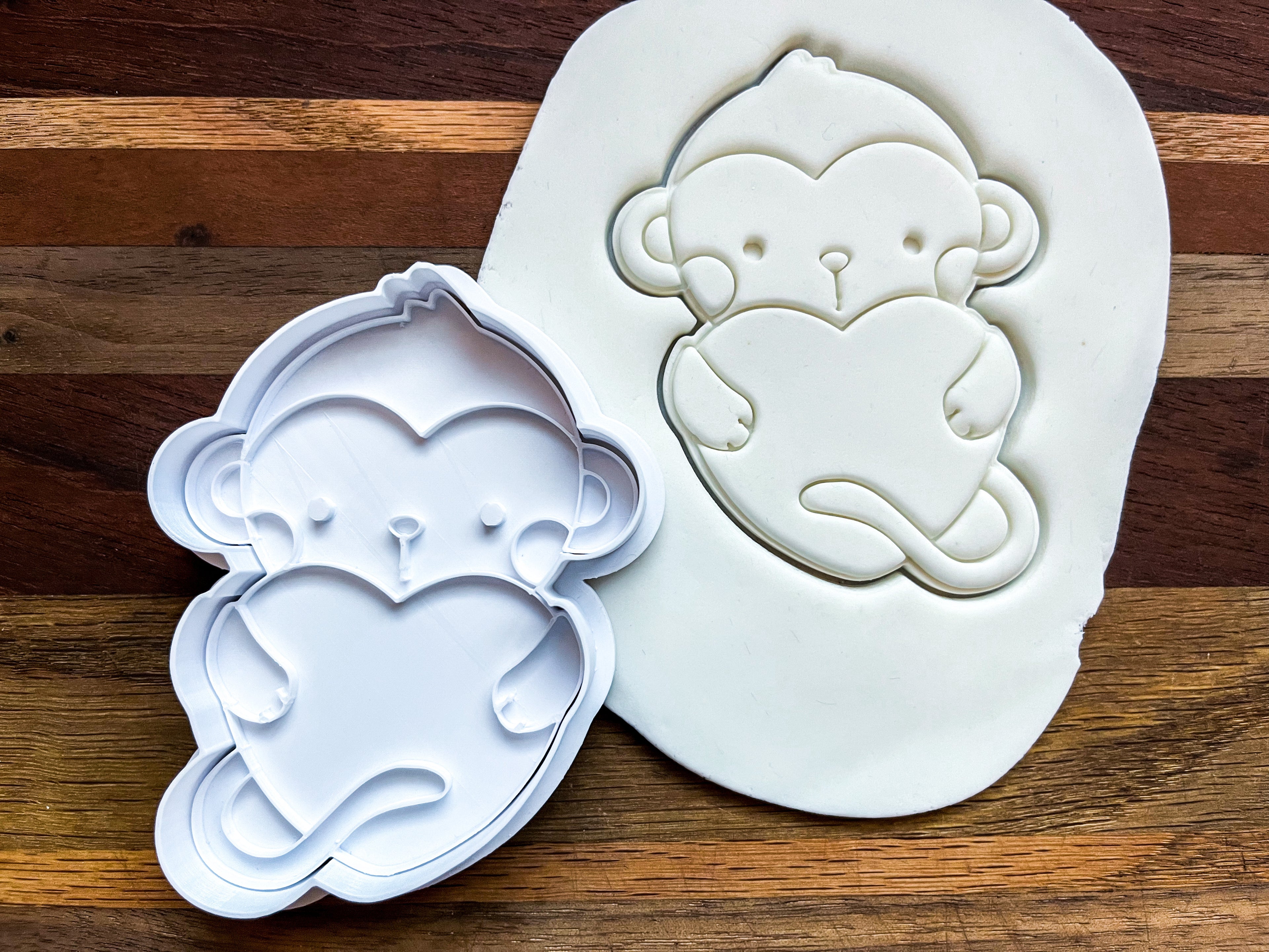 Monkey Heart Cookie Cutter & Stamp Set - 4" Valentine's Day Baking Tool for Fondant, Clay & Cookie Decorating