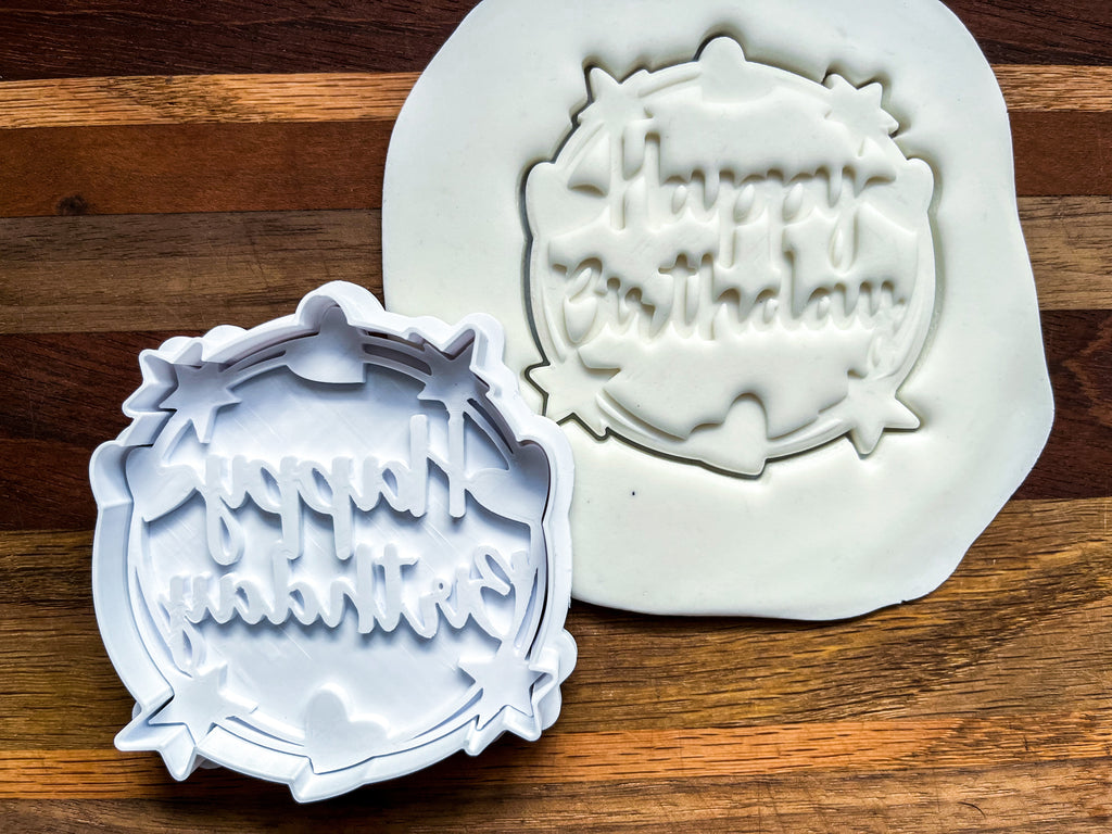 Happy Birthday Cookie Cutter & Stamp - 3.5" Heart & Star Design Baking Tool for Cookies, Fondant & Craft Clay