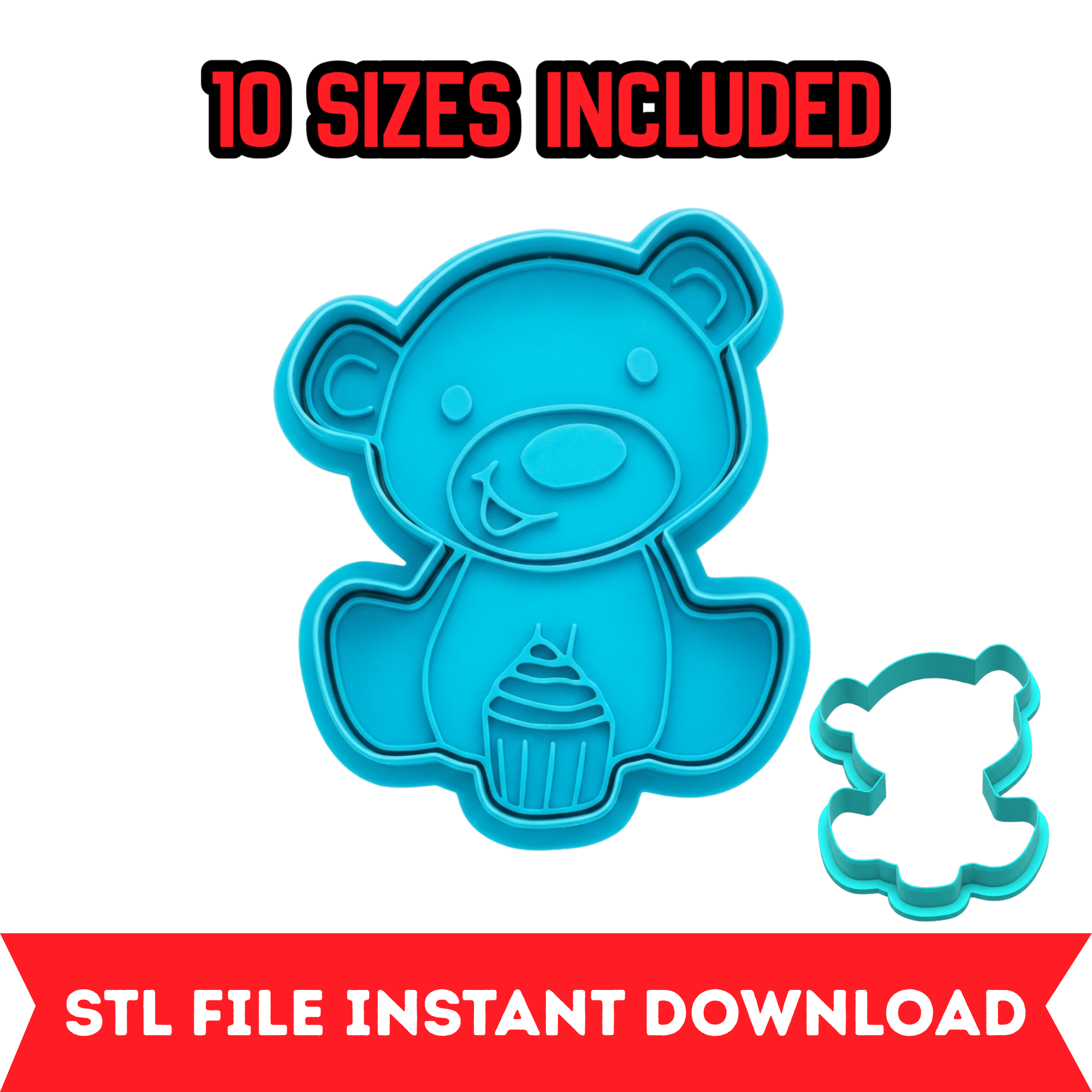 Teddy Bear wtih Cupcake Cookie Cutter & Stamp STL File – 10 Sizes | Digital Download