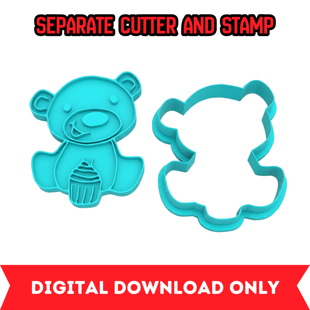 Teddy Bear wtih Cupcake Cookie Cutter & Stamp STL File – 10 Sizes | Digital Download