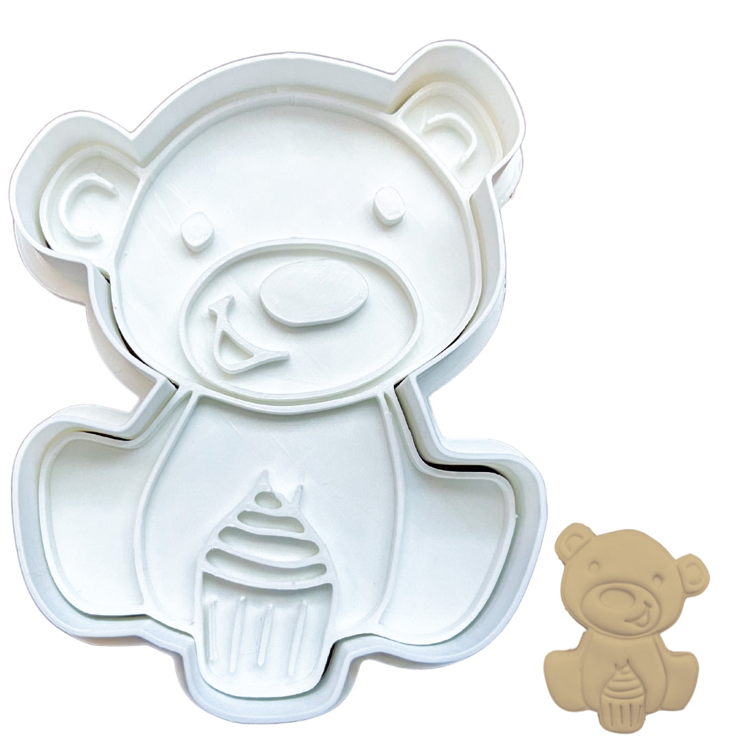 Teddy Bear Holding Cupcake Cookie Cutter & Stamp - 4" Cupcake Design Fondant Mold for Baking & Crafting