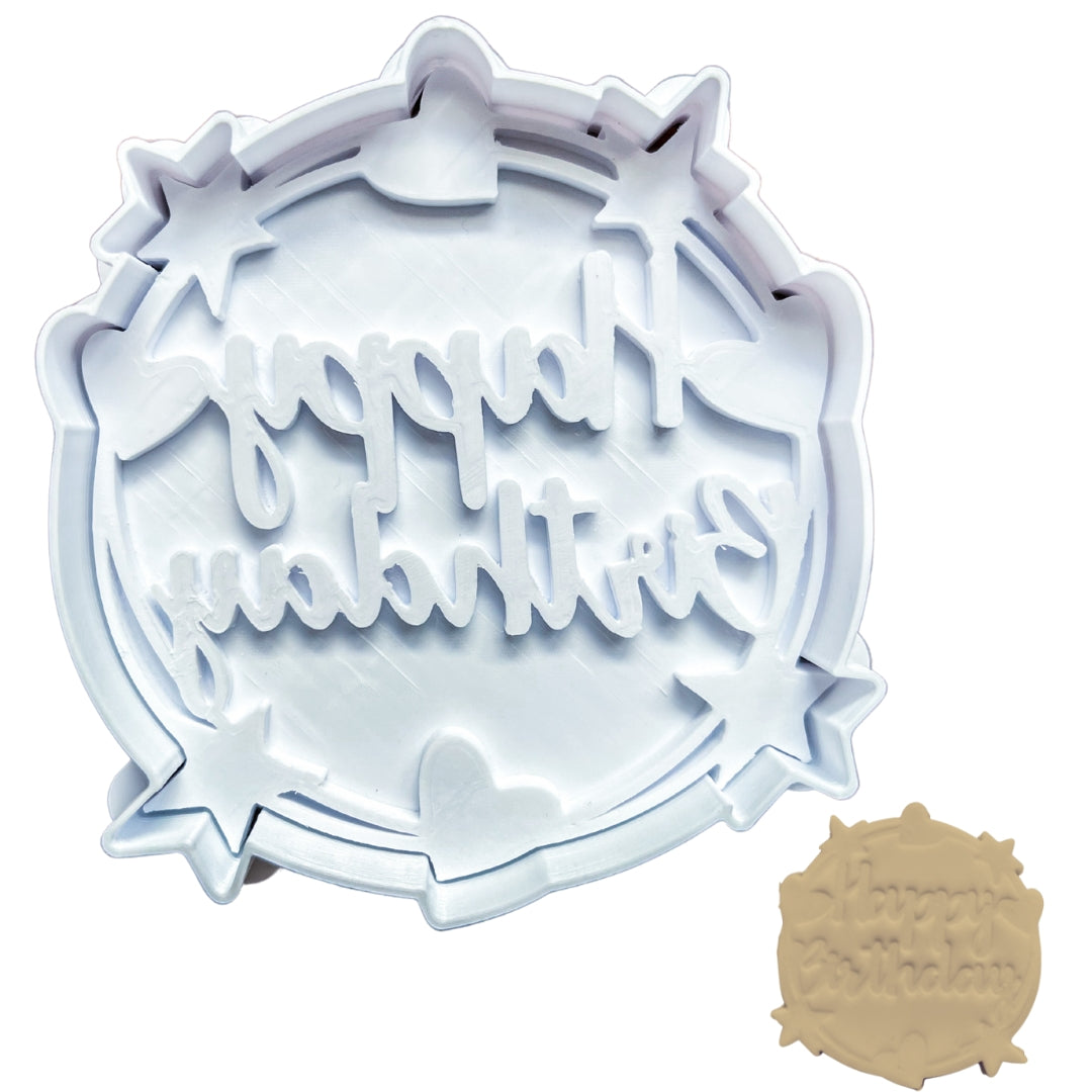 Happy Birthday Cookie Cutter & Stamp - 3.5" Heart & Star Design Baking Tool for Cookies, Fondant & Craft Clay