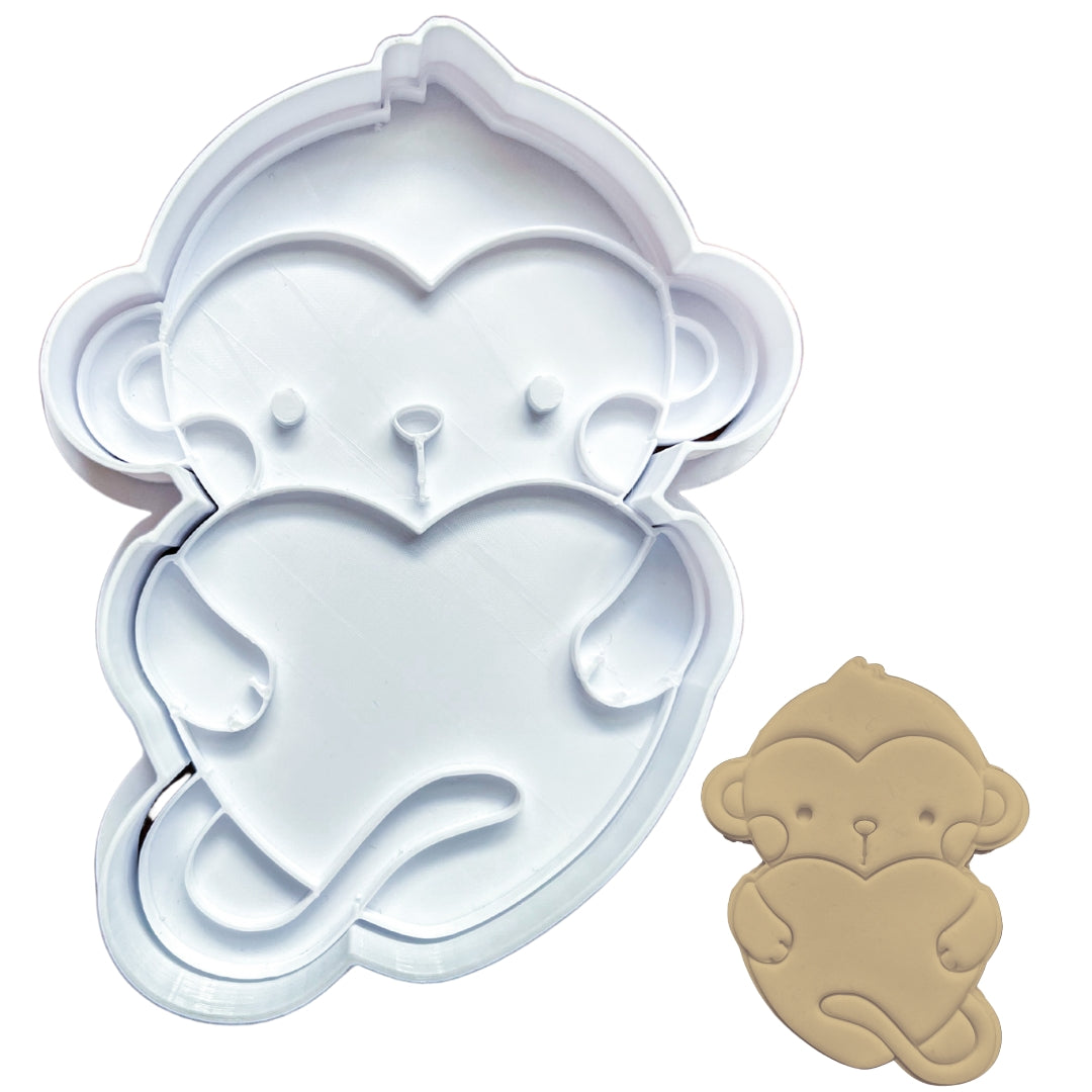 Monkey Heart Cookie Cutter & Stamp Set - 4" Valentine's Day Baking Tool for Fondant, Clay & Cookie Decorating