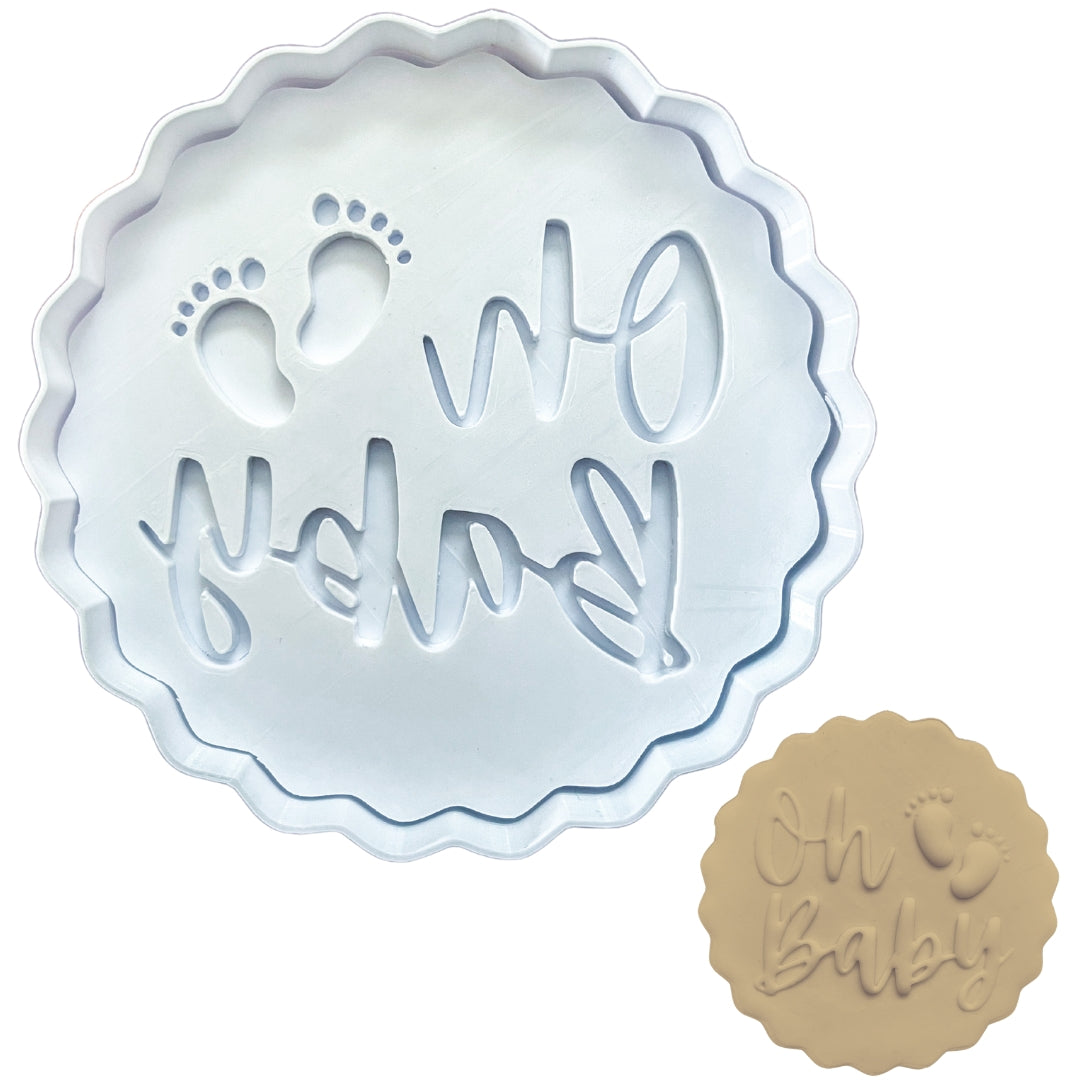 Premium "Oh Baby" Cookie Cutter & Debosser Set - Baby Feet Design for Baby Shower Baking, Fondant & Craft Projects (3.5")